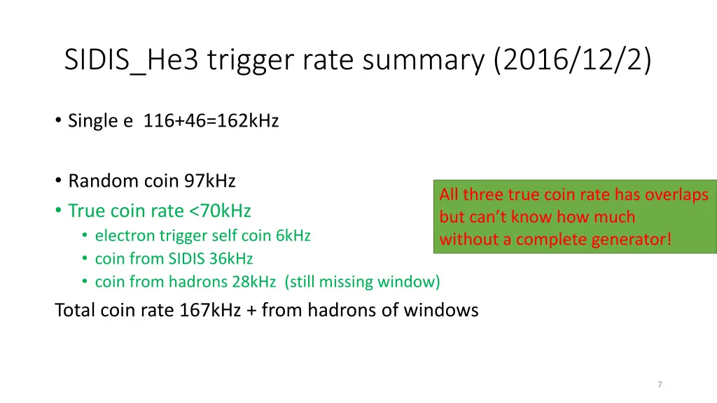 sidis he3 trigger rate summary 2016 12 2