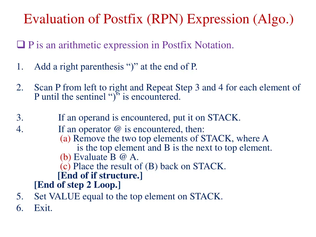 evaluation of postfix rpn expression algo
