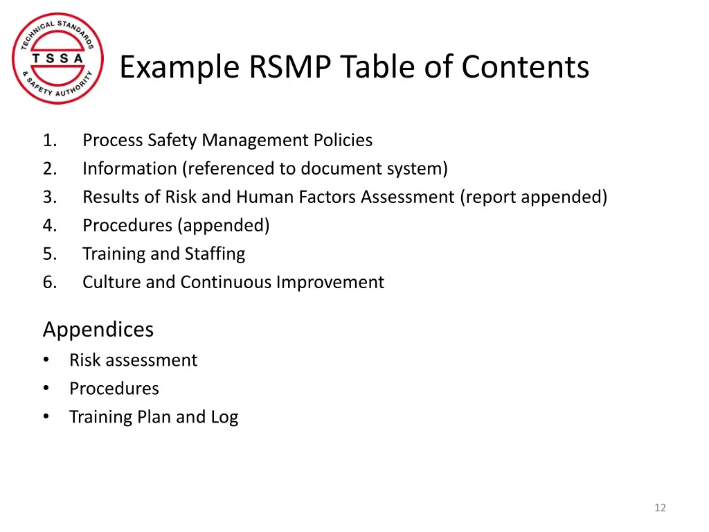 example rsmp table of contents