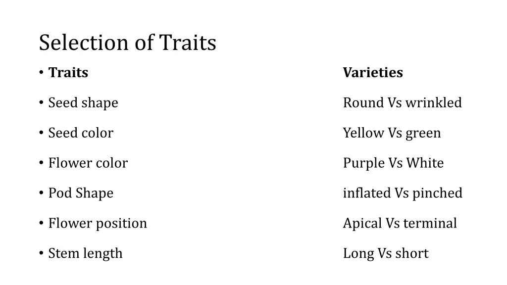 selection of traits