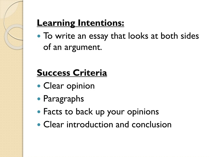 learning intentions to write an essay that looks