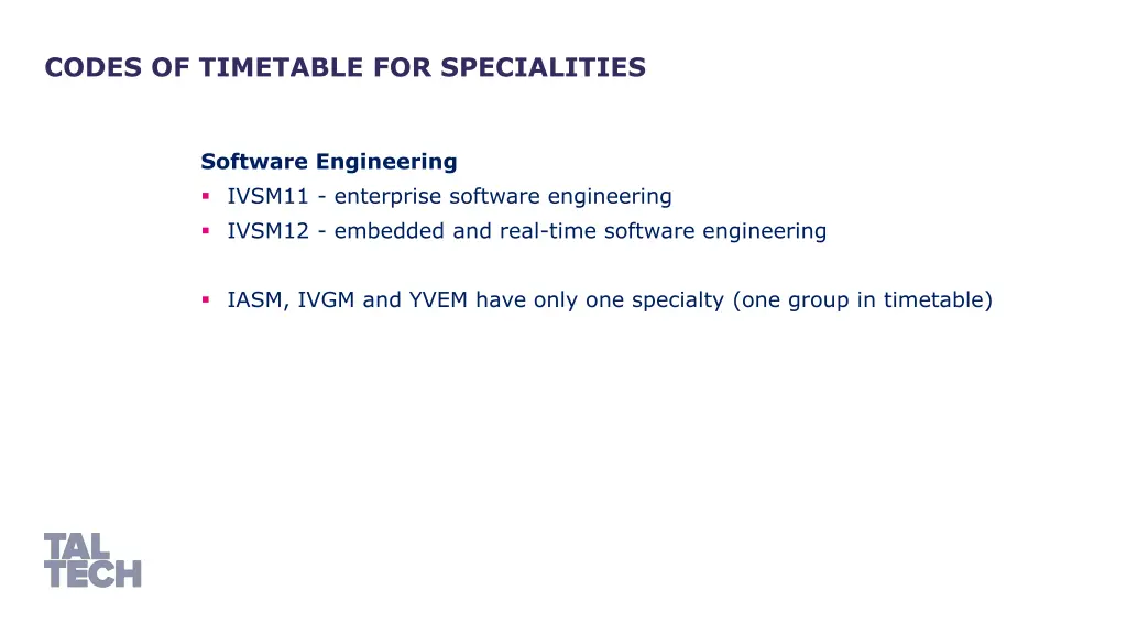 codes of timetable for specialities 1
