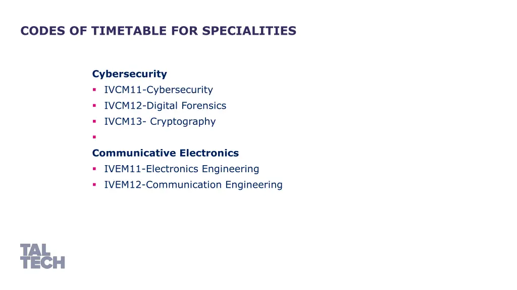 codes of timetable for specialities