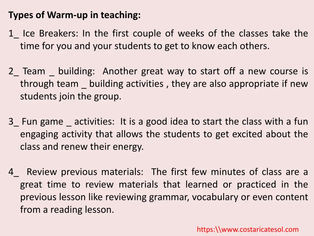types of warm up in teaching