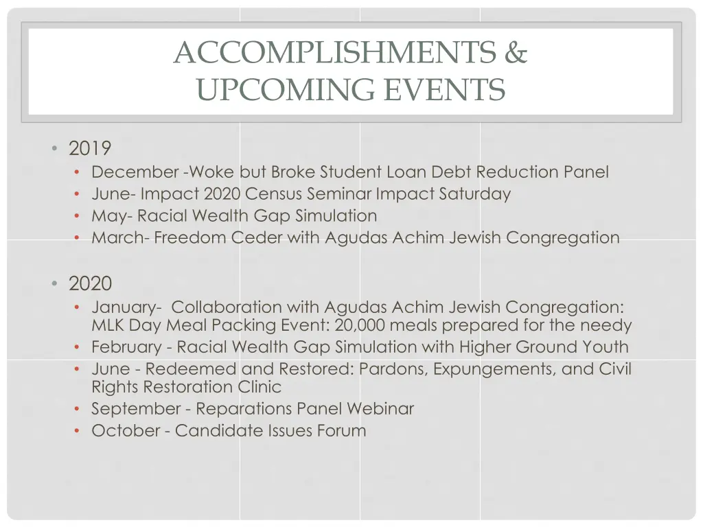 accomplishments upcoming events