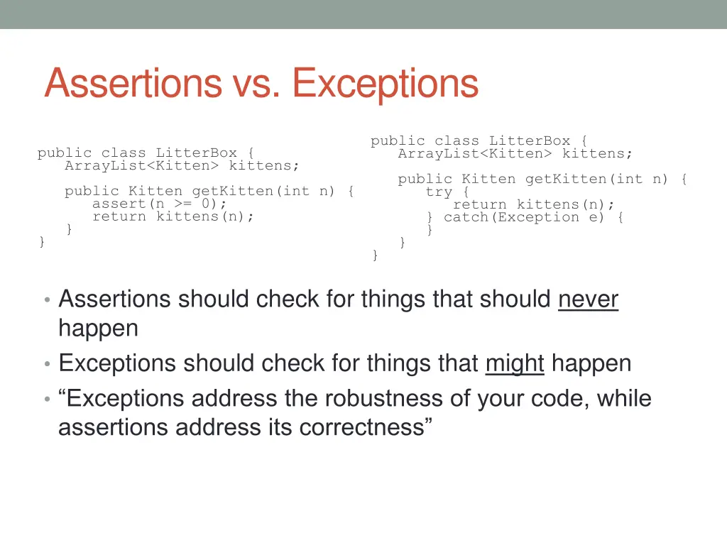 assertions vs exceptions