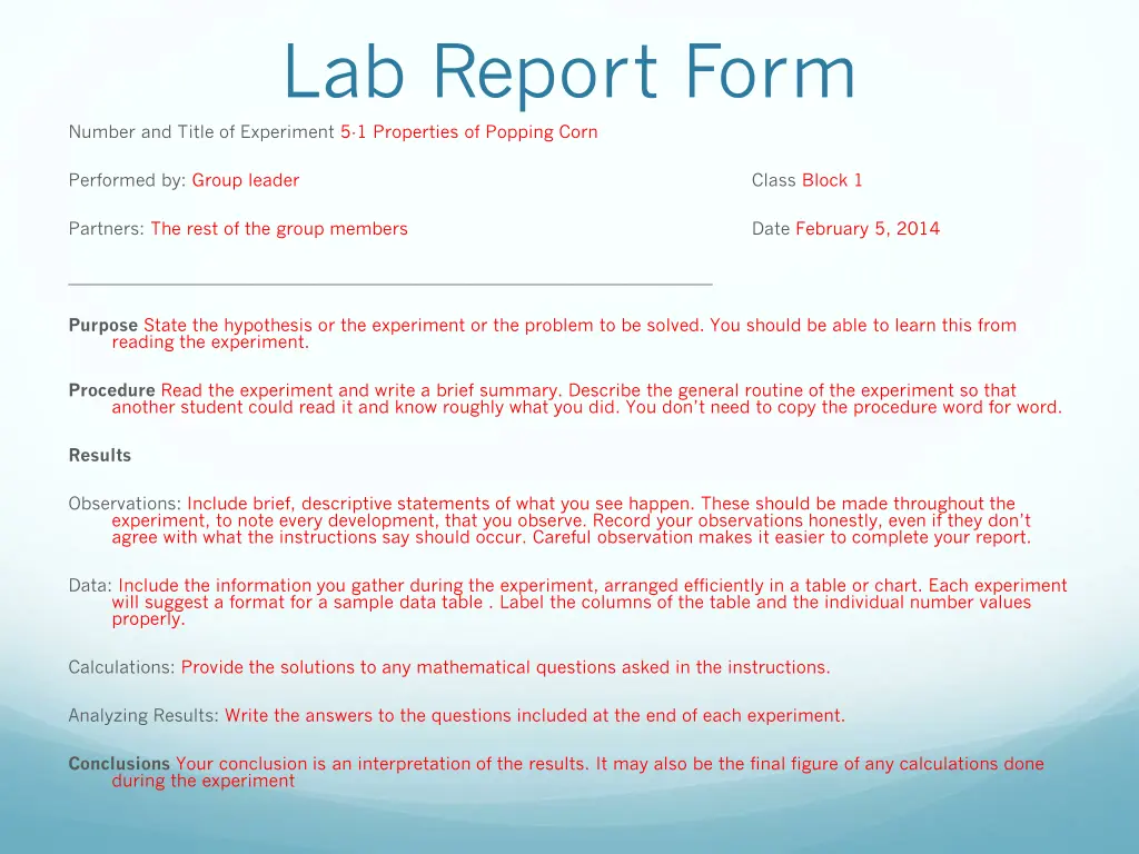 lab report form number and title of experiment