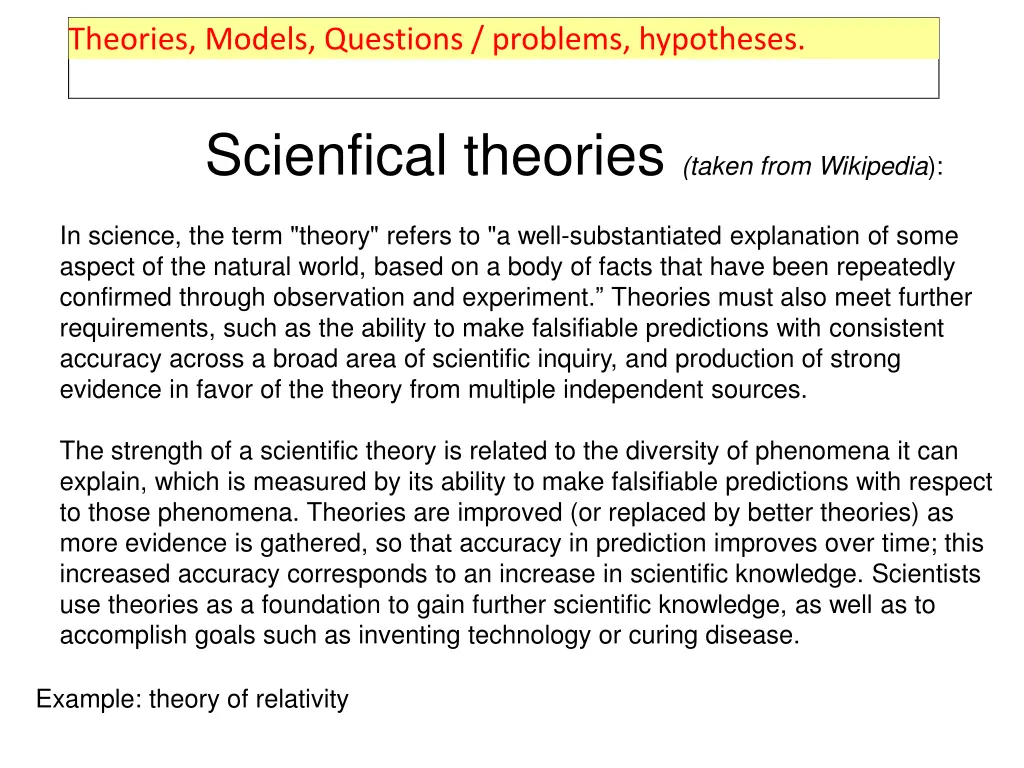 theories models questions problems hypotheses