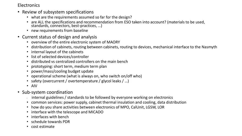electronics review of subsystem specifications
