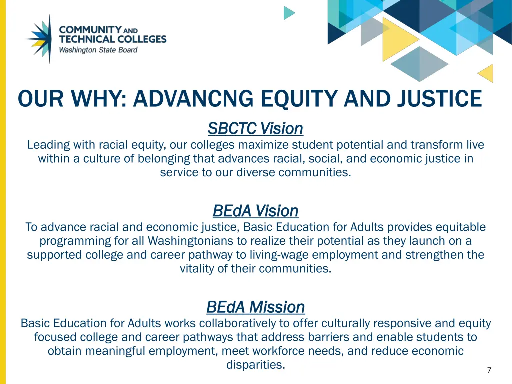 our why advancng equity and justice sbctc vision