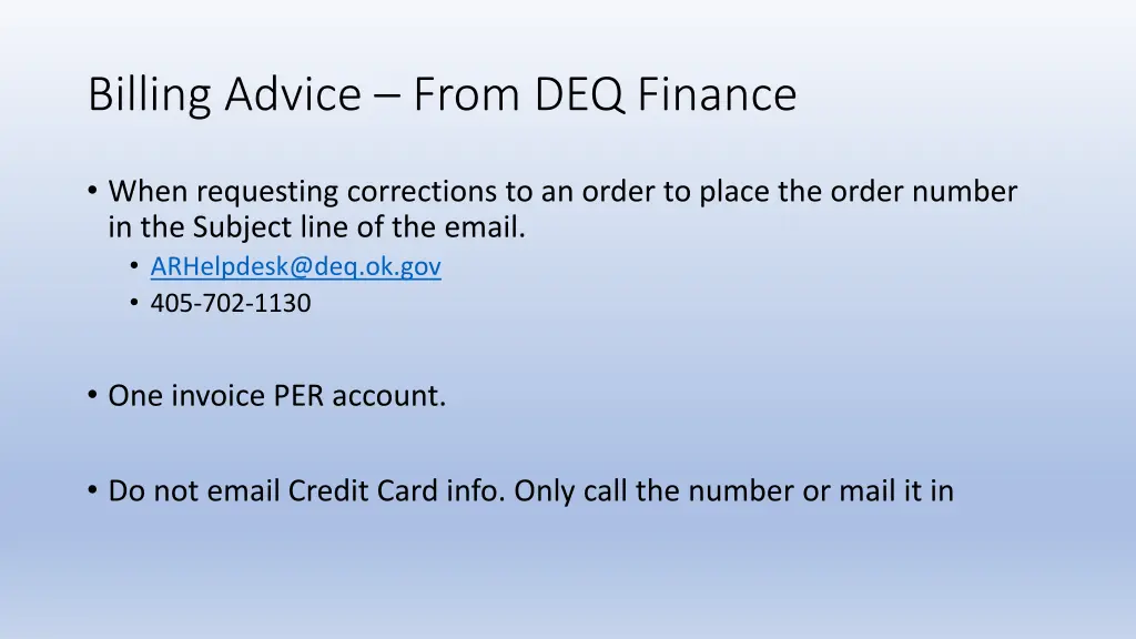 billing advice from deq finance