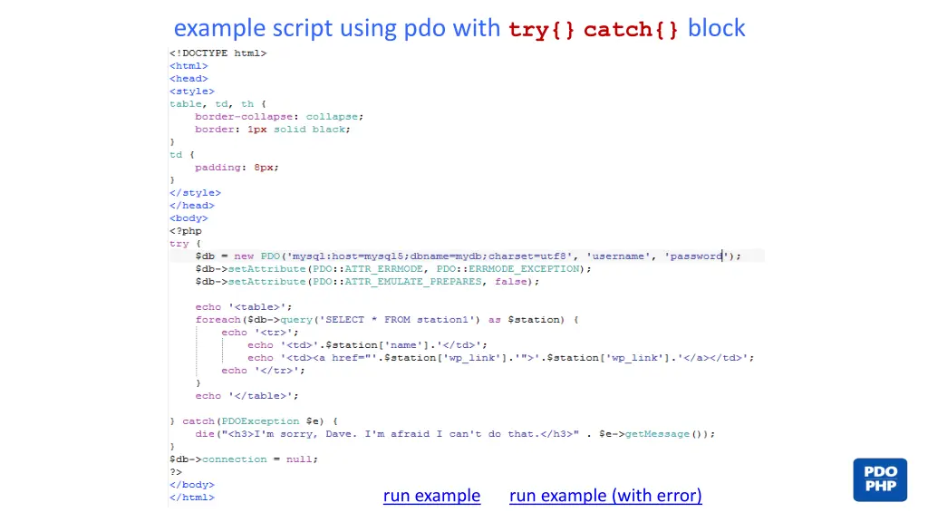 example script using pdo with try catch block