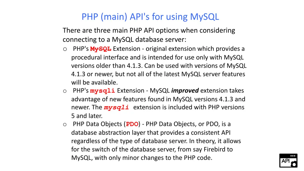 php main api s for using mysql