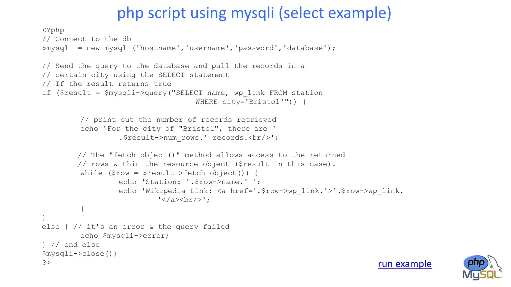 php script using mysqli select example