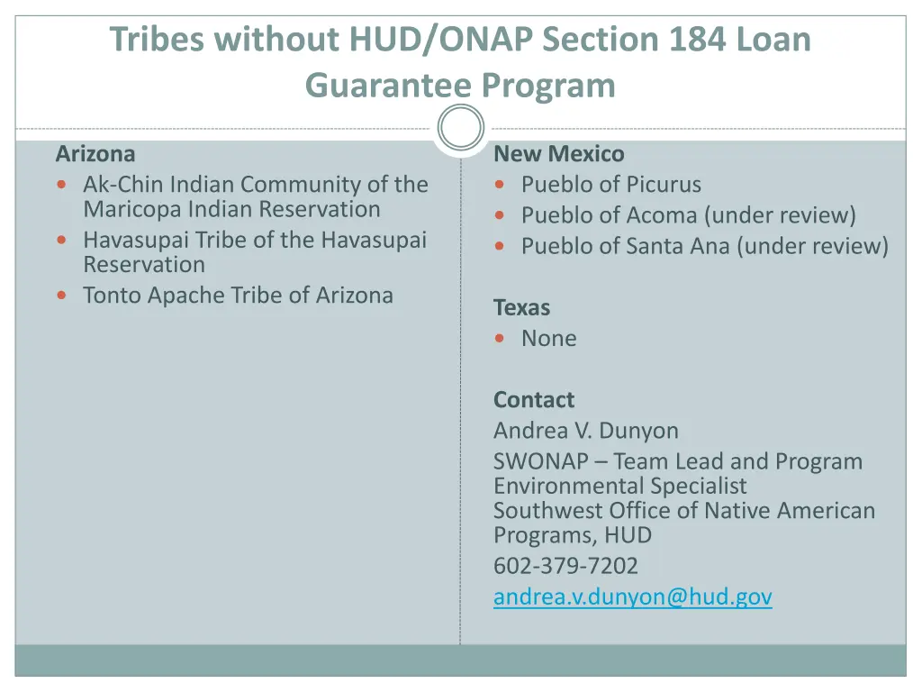 tribes without hud onap section 184 loan