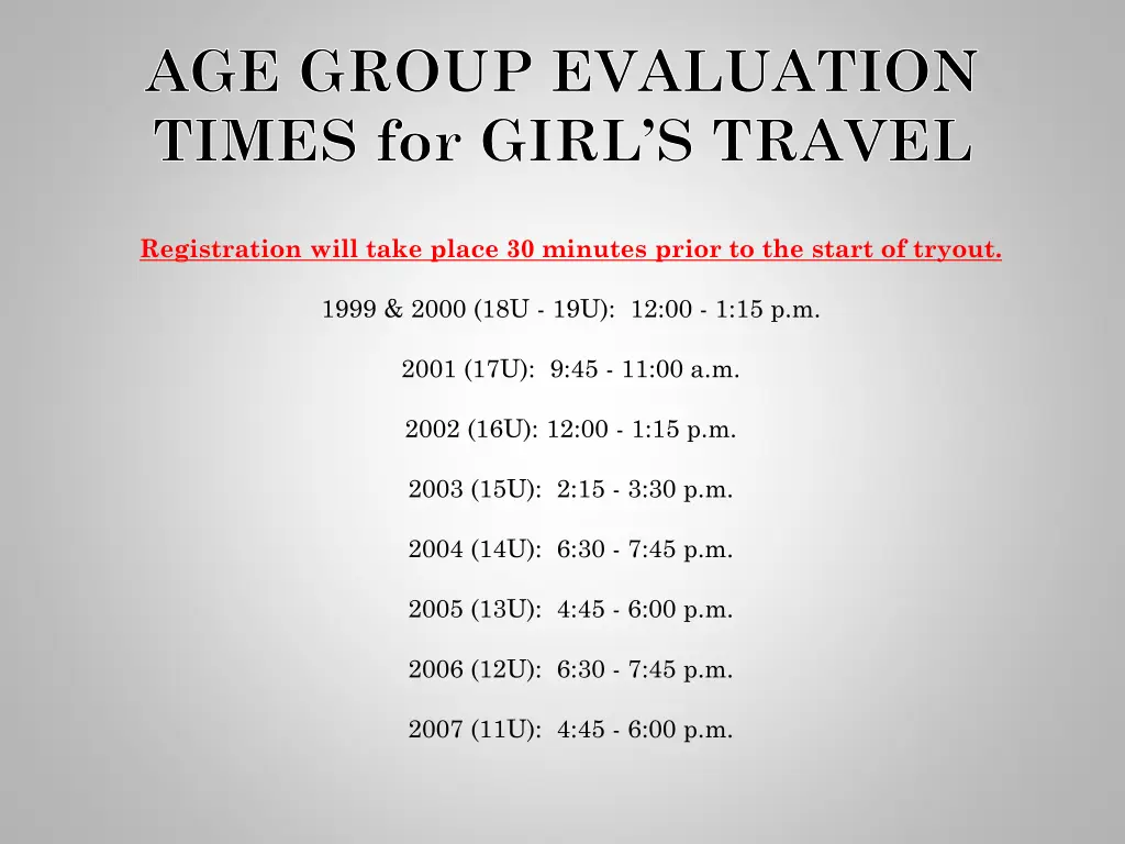 age group evaluation times for girl s travel