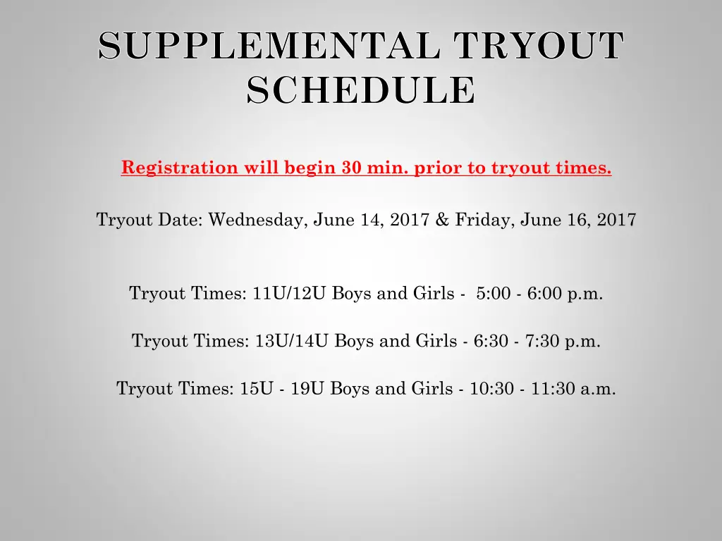 supplemental tryout schedule