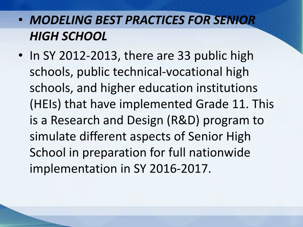 modeling best practices for senior high school