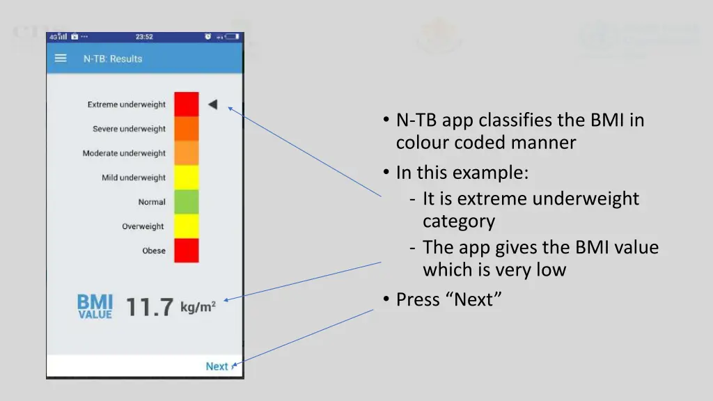 n tb app classifies the bmi in colour coded