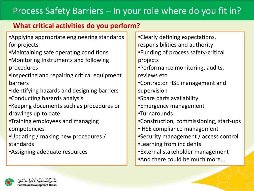 process safety barriers in your role where