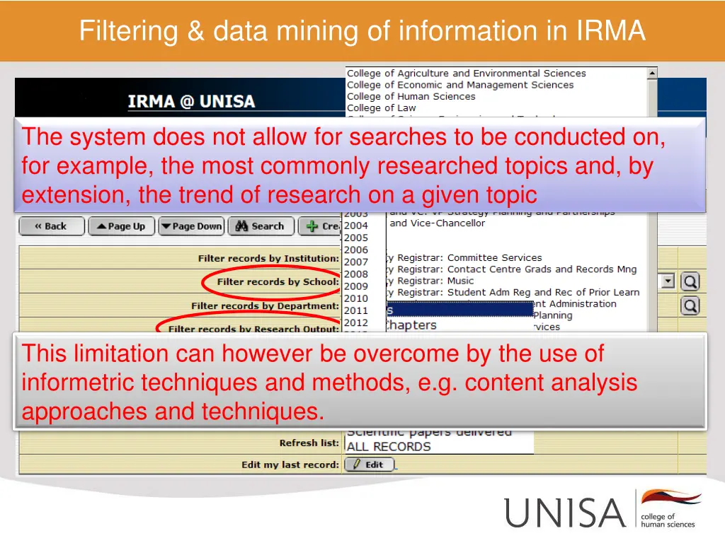 filtering data mining of information in irma
