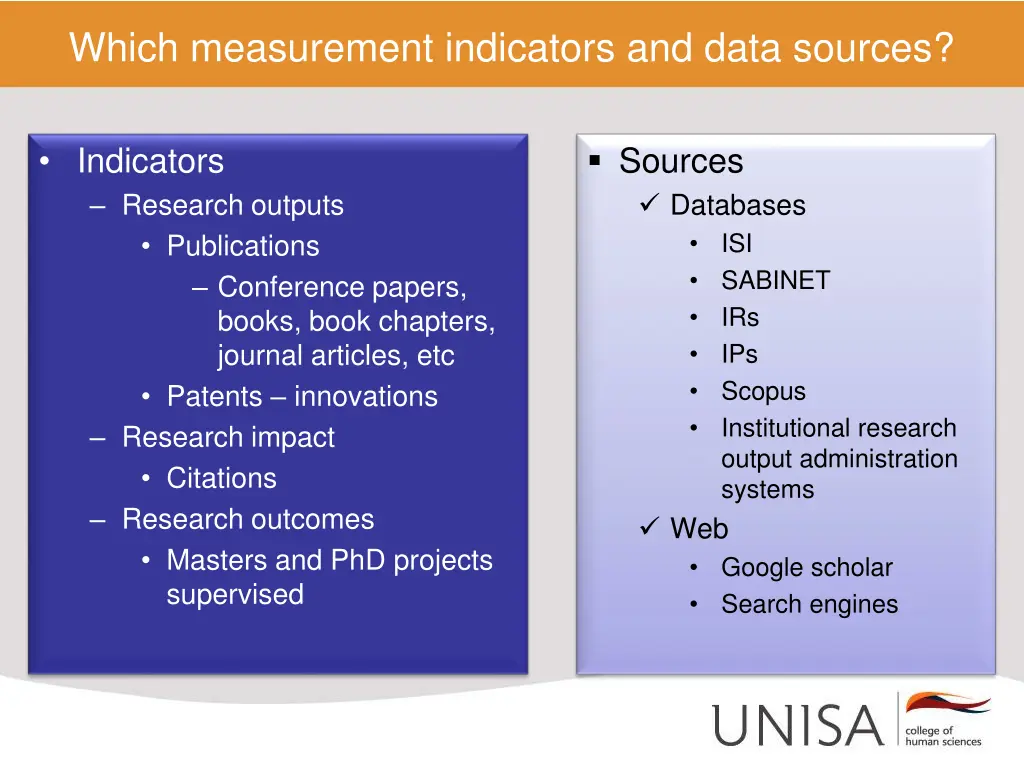 which measurement indicators and data sources