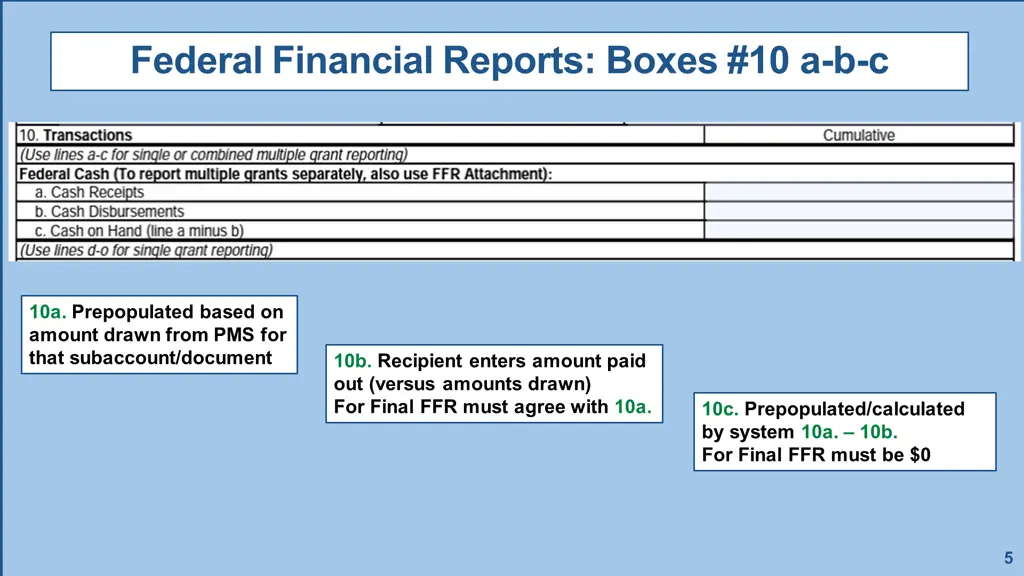 federal financial reports boxes 10 a b c