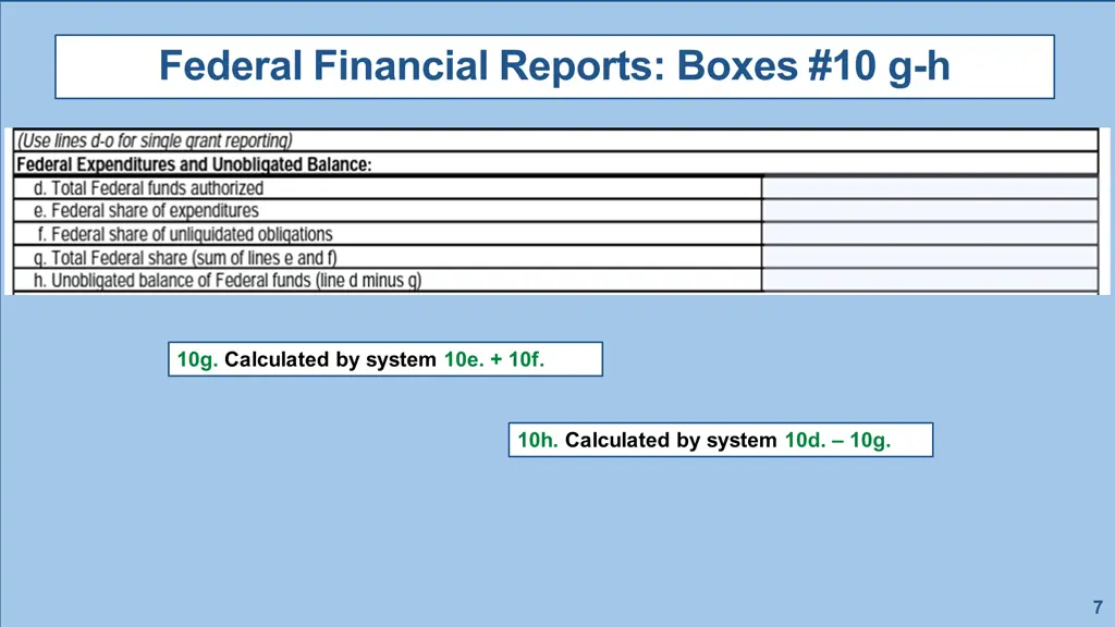 federal financial reports boxes 10 g h