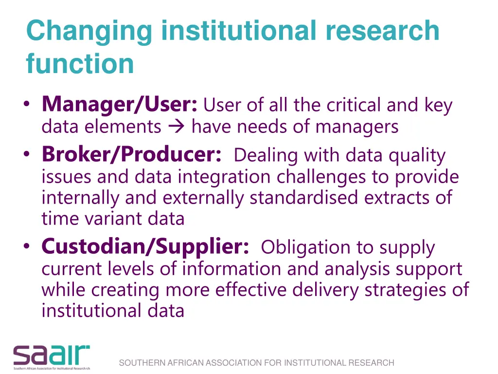 changing institutional research function manager