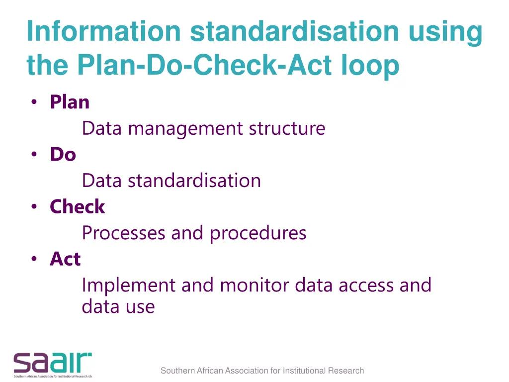 information standardisation using the plan