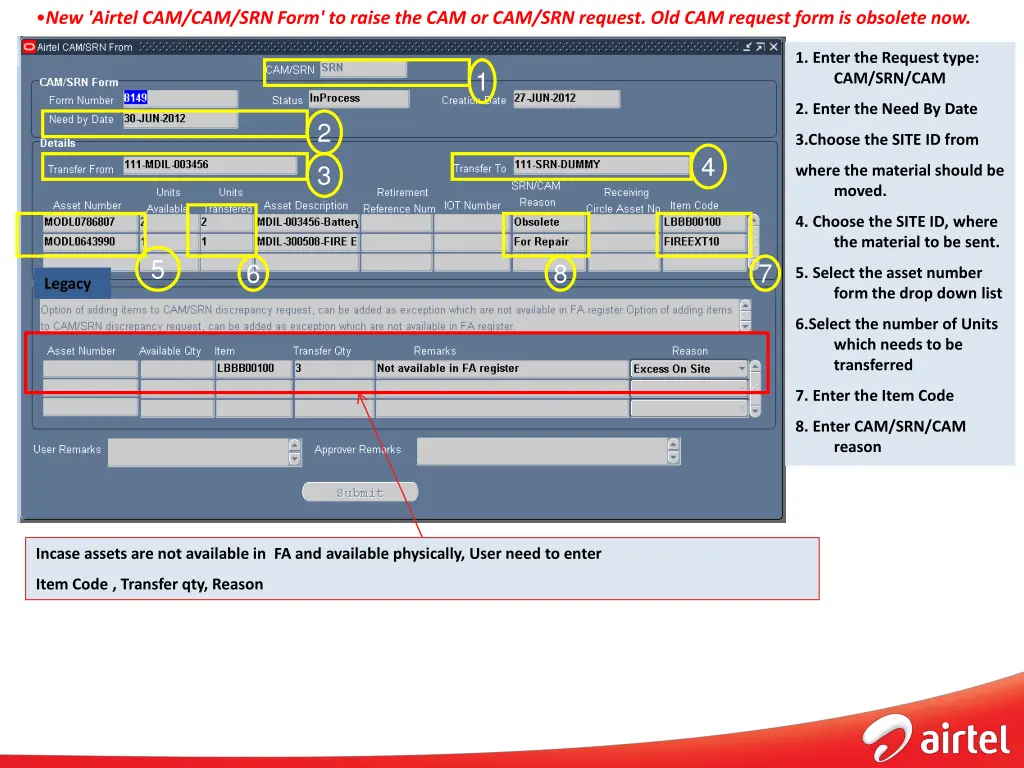new airtel cam cam srn form to raise