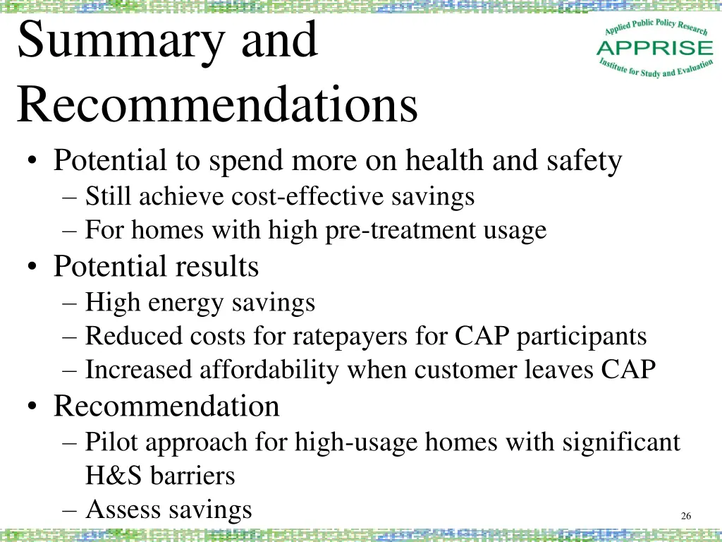 summary and recommendations potential to spend