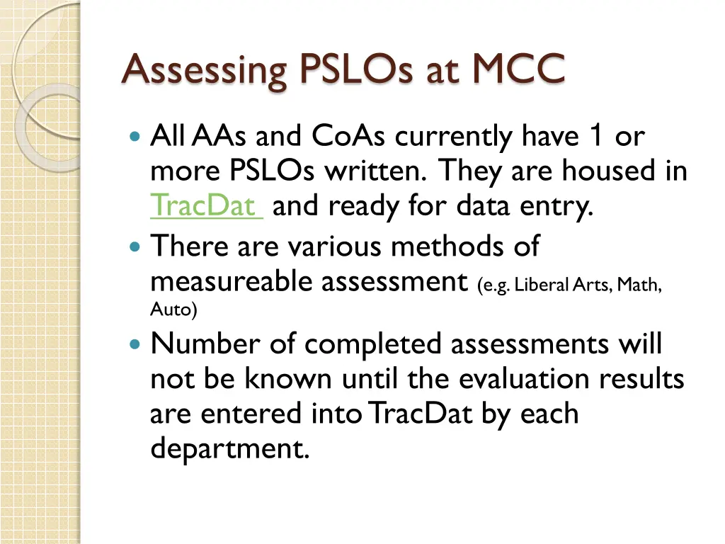 assessing pslos at mcc