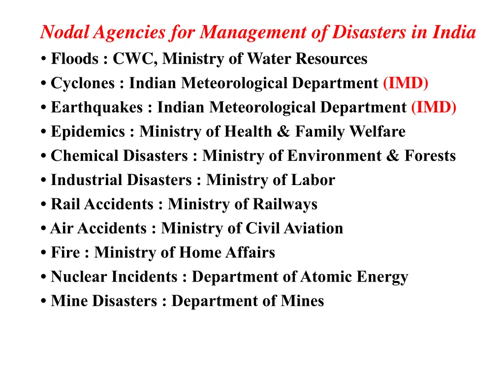 nodal agencies for management of disasters