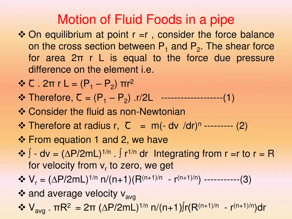 motion of fluid foods in a pipe on equilibrium