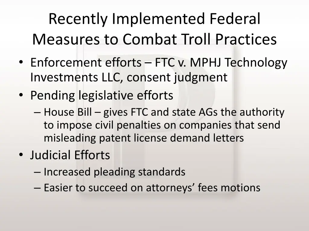 recently implemented federal measures to combat