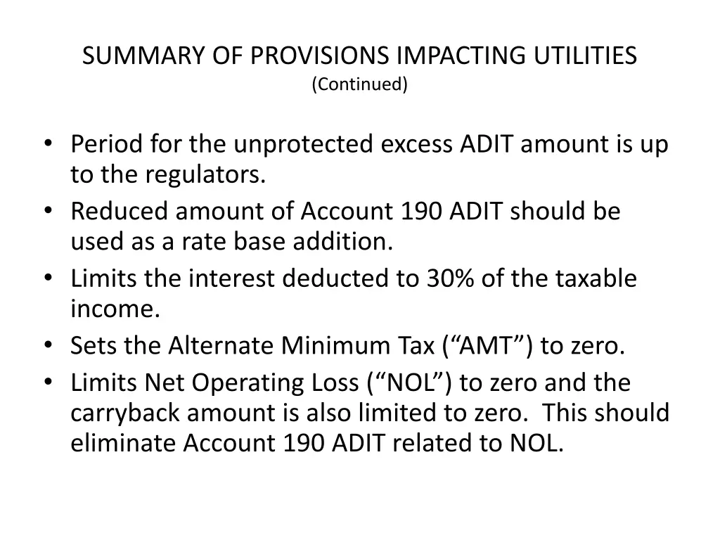 summary of provisions impacting utilities