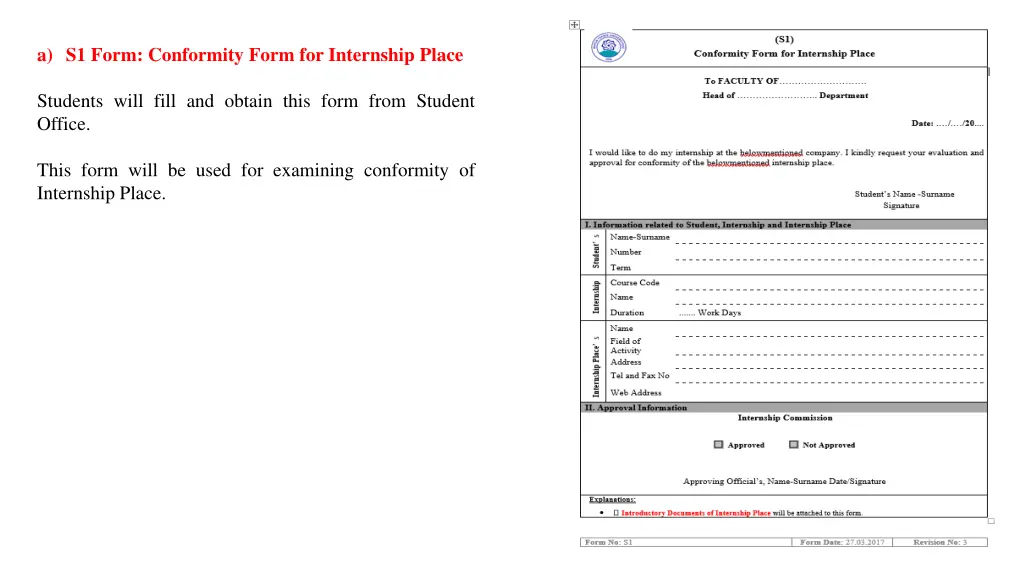 a s1 form conformity form for internship place