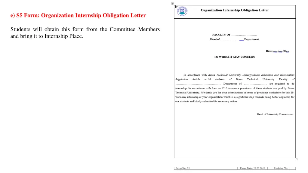 e s5 form organization internship obligation