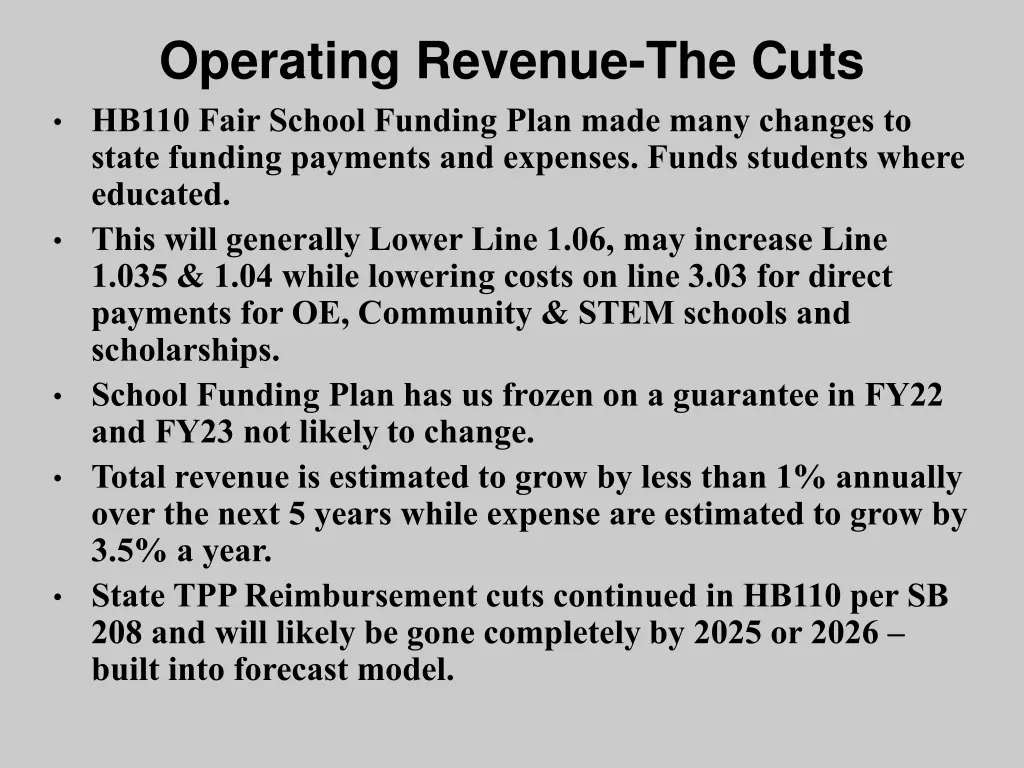 operating revenue the cuts hb110 fair school