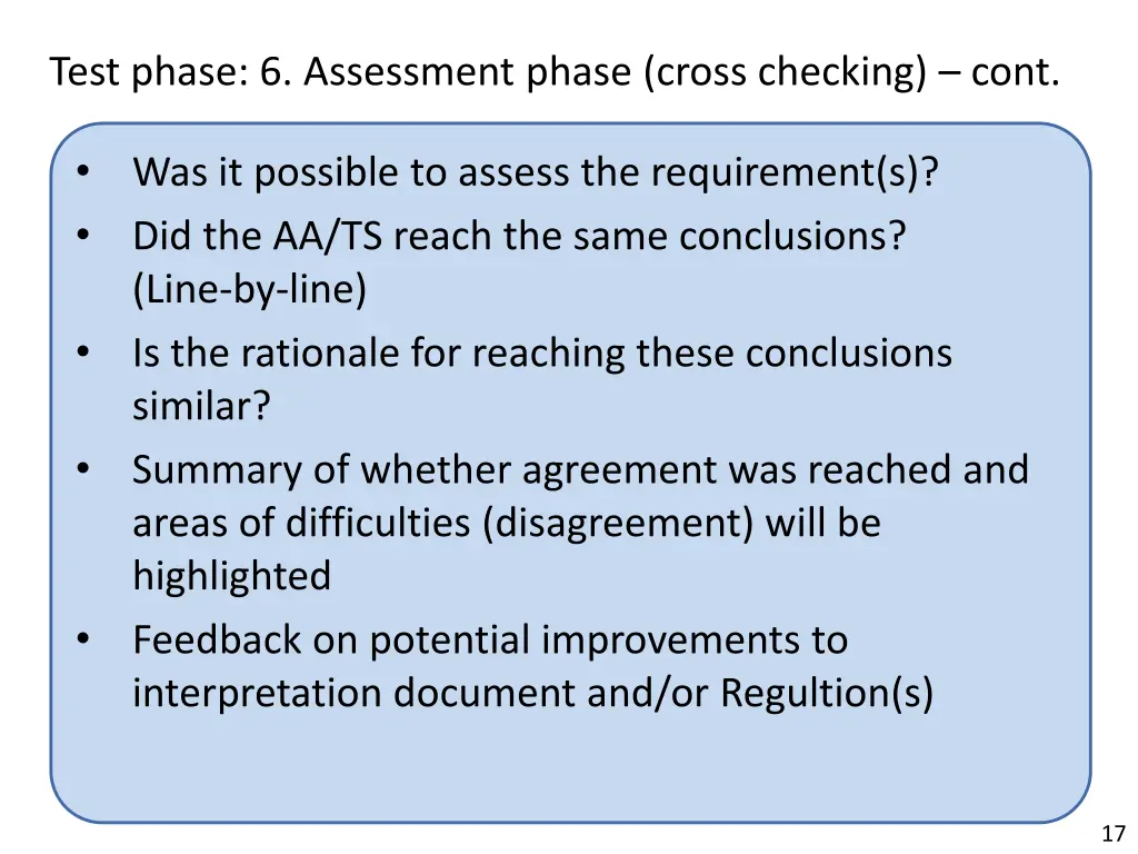 test phase 6 assessment phase cross checking cont