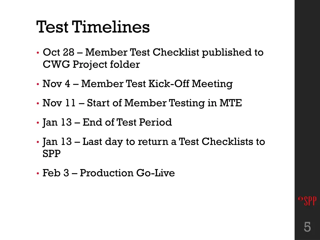 test timelines