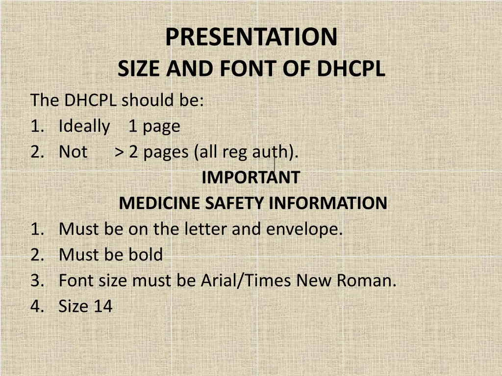 presentation size and font of dhcpl the dhcpl