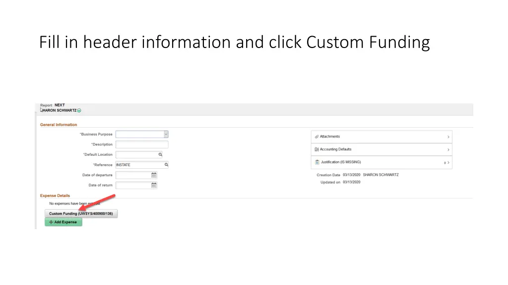 fill in header information and click custom