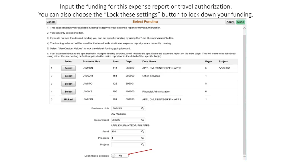 input the funding for this expense report