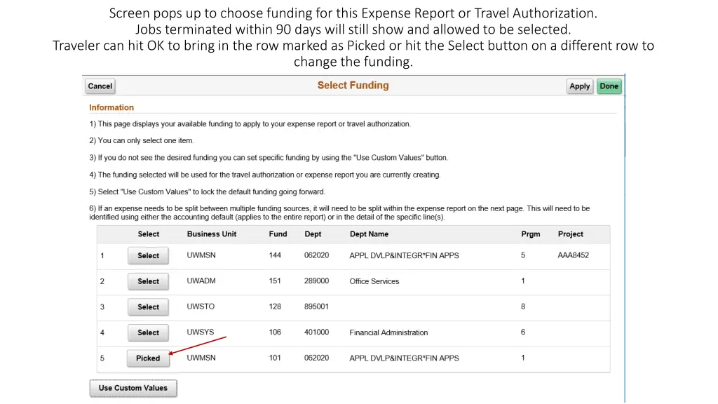 screen pops up to choose funding for this expense