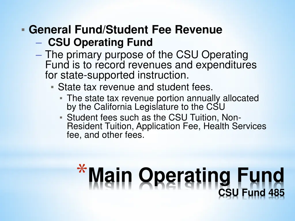 general fund student fee revenue csu operating