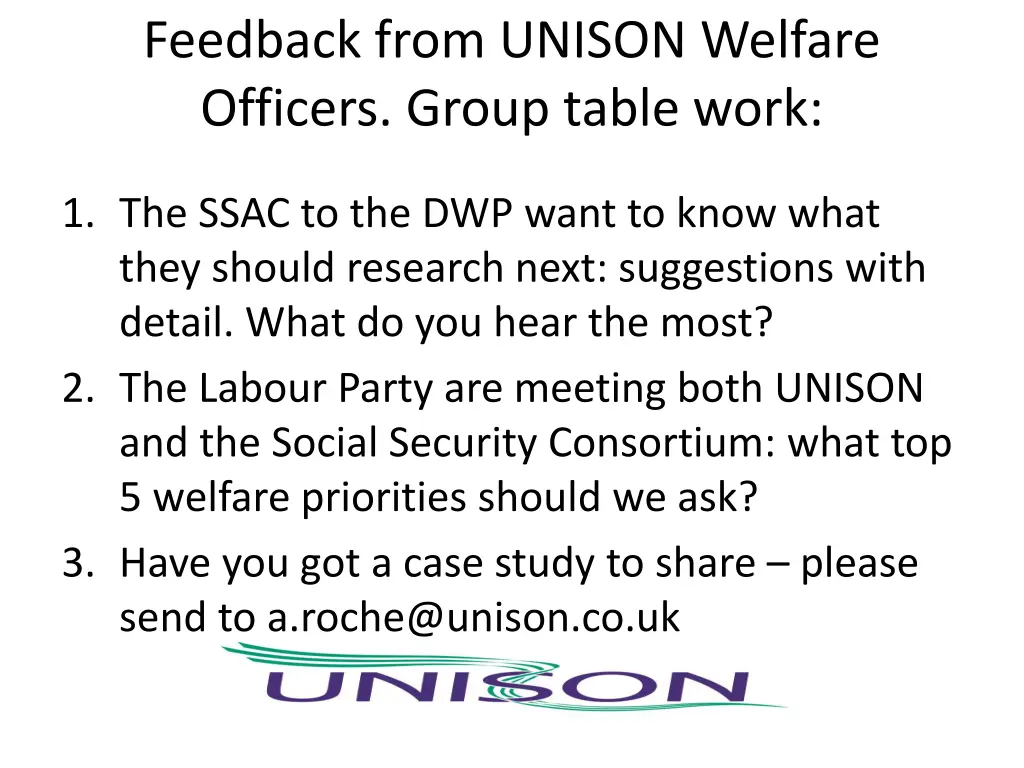 feedback from unison welfare officers group table