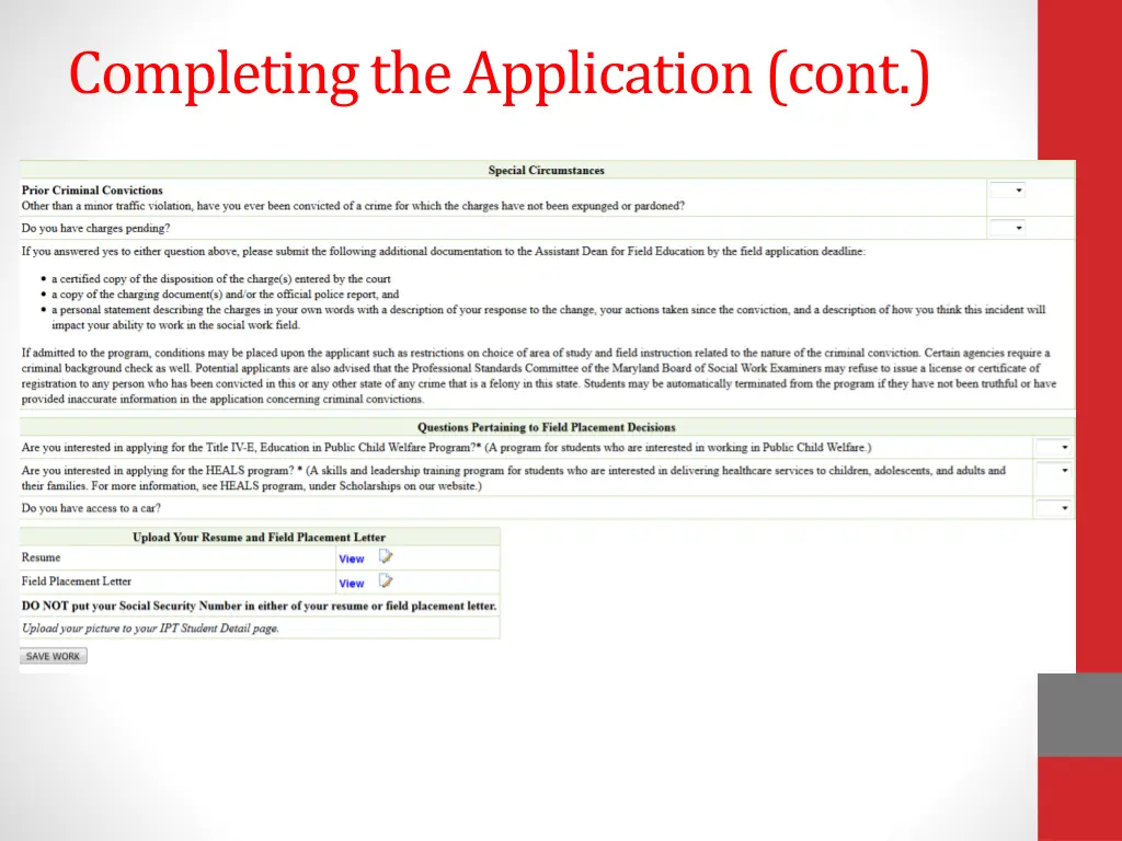 completing the application cont 2