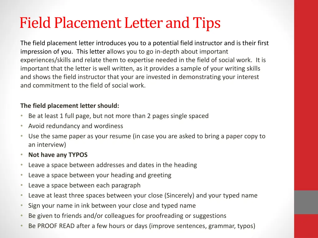 field placement letter and tips